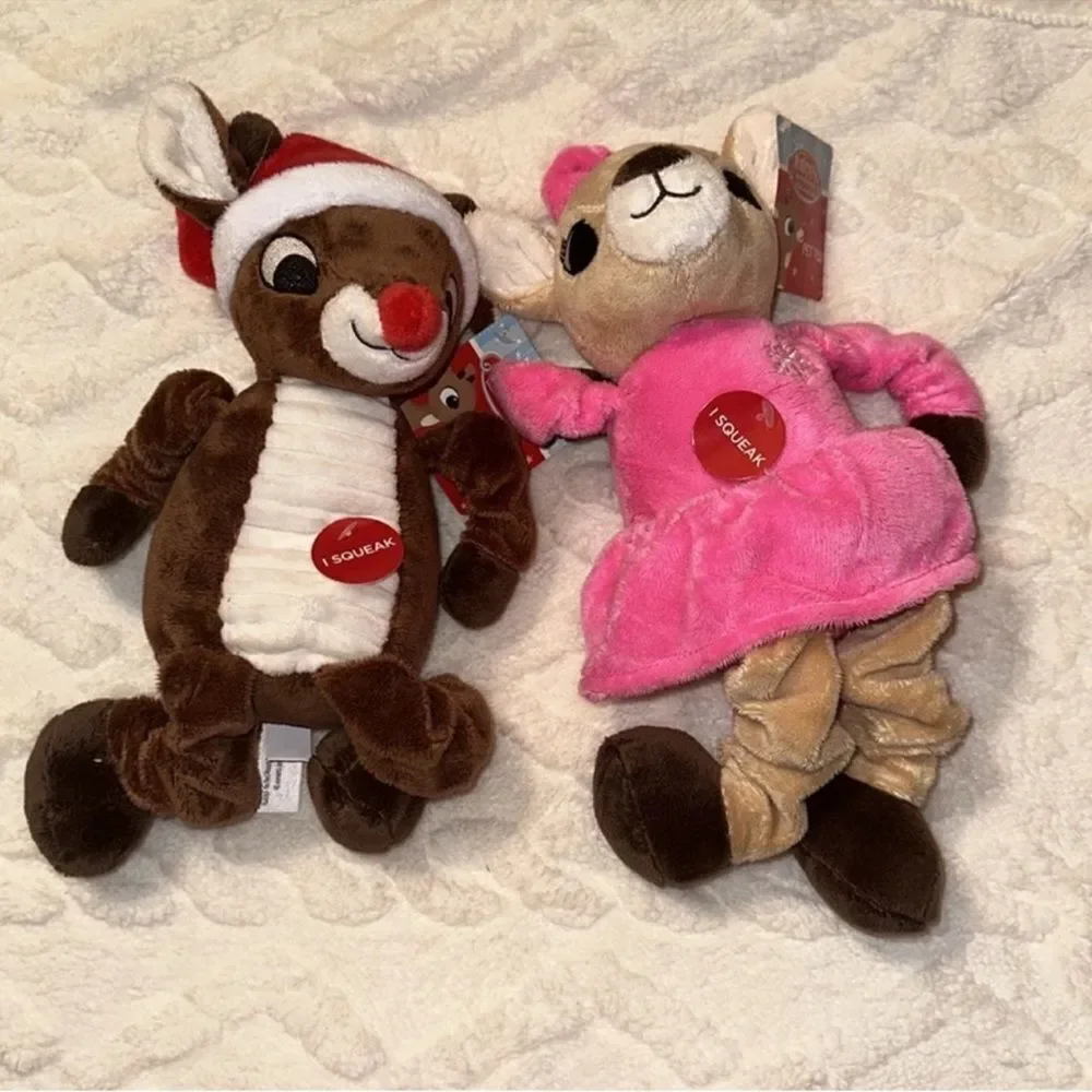 DunDee Set of Boy & Girl Rudolph Red-Nosed Reindeer Plush Squeaky Dog Toys